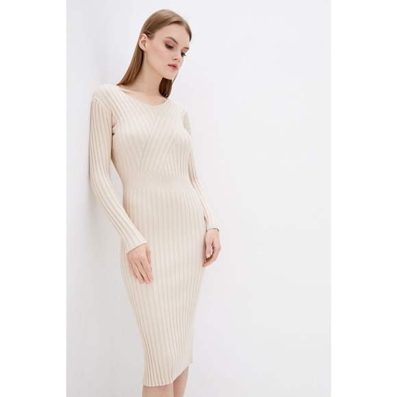 DASTI Bodycon Dress Knit Midi Ribbed Sexy Vestidos De Moda Nude Long Sleeves - Picture 4 of 6